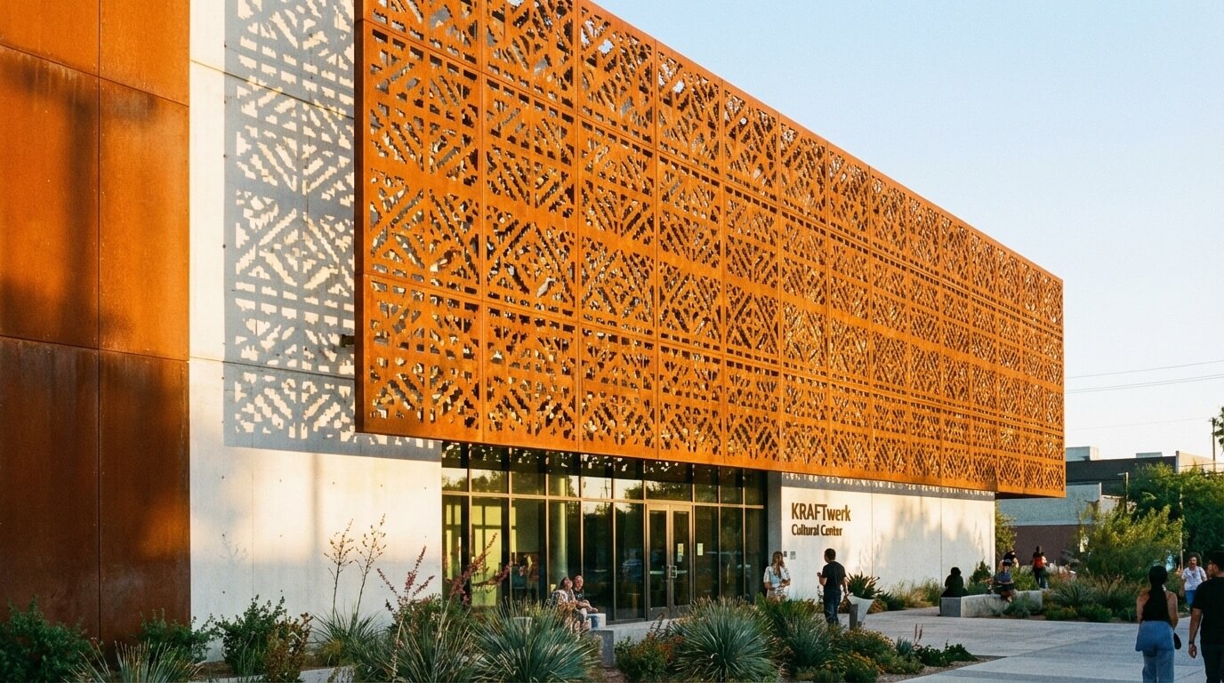 Cultural center with perforated corten steel screen and shadow patterns