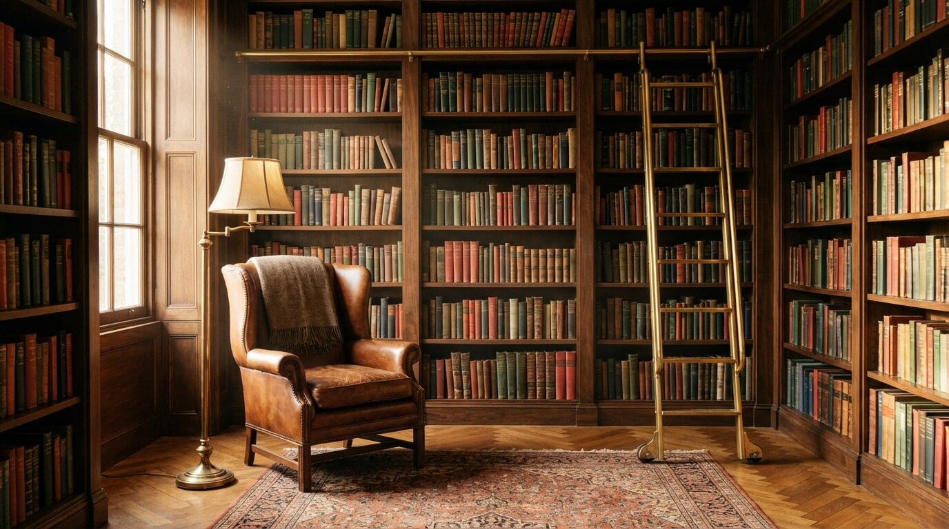 Warm library room with floor-to-ceiling bookshelves and leather armchair