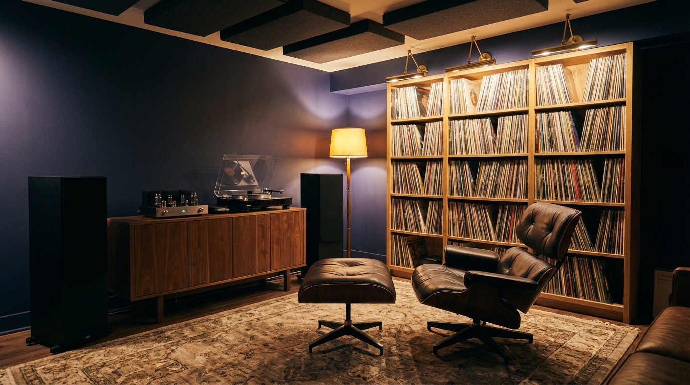 Vinyl listening room with turntable, speakers, and record collection