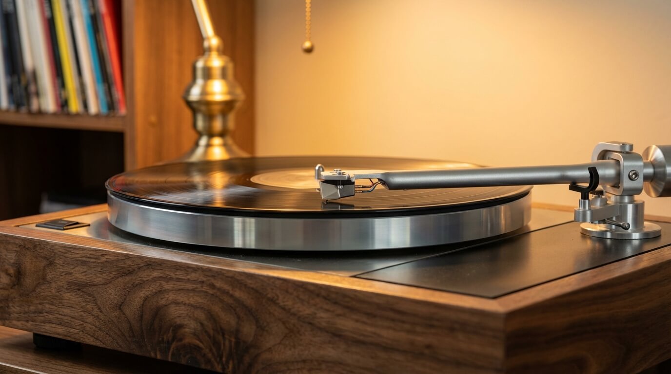 Close-up of turntable and vinyl records with warm lamp light