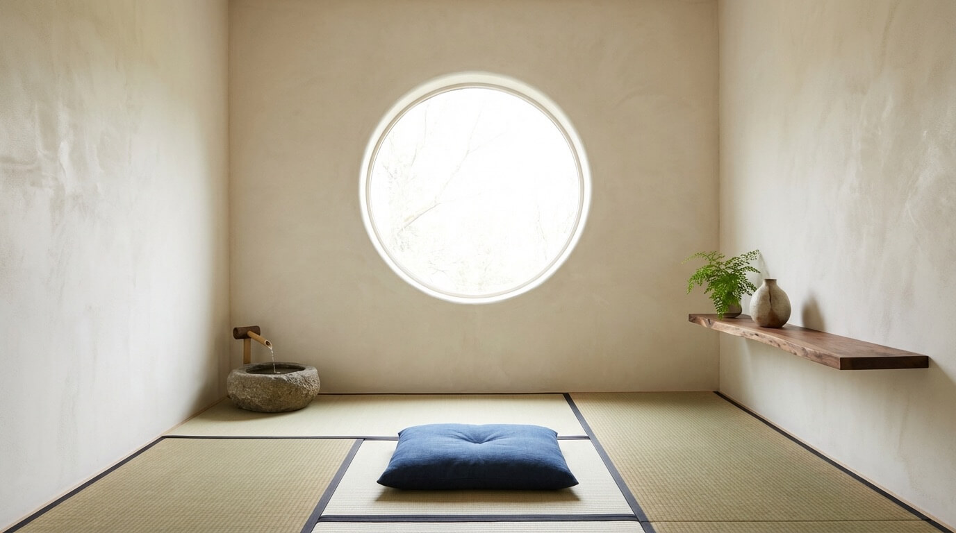 Minimalist meditation room with natural light and floor cushion