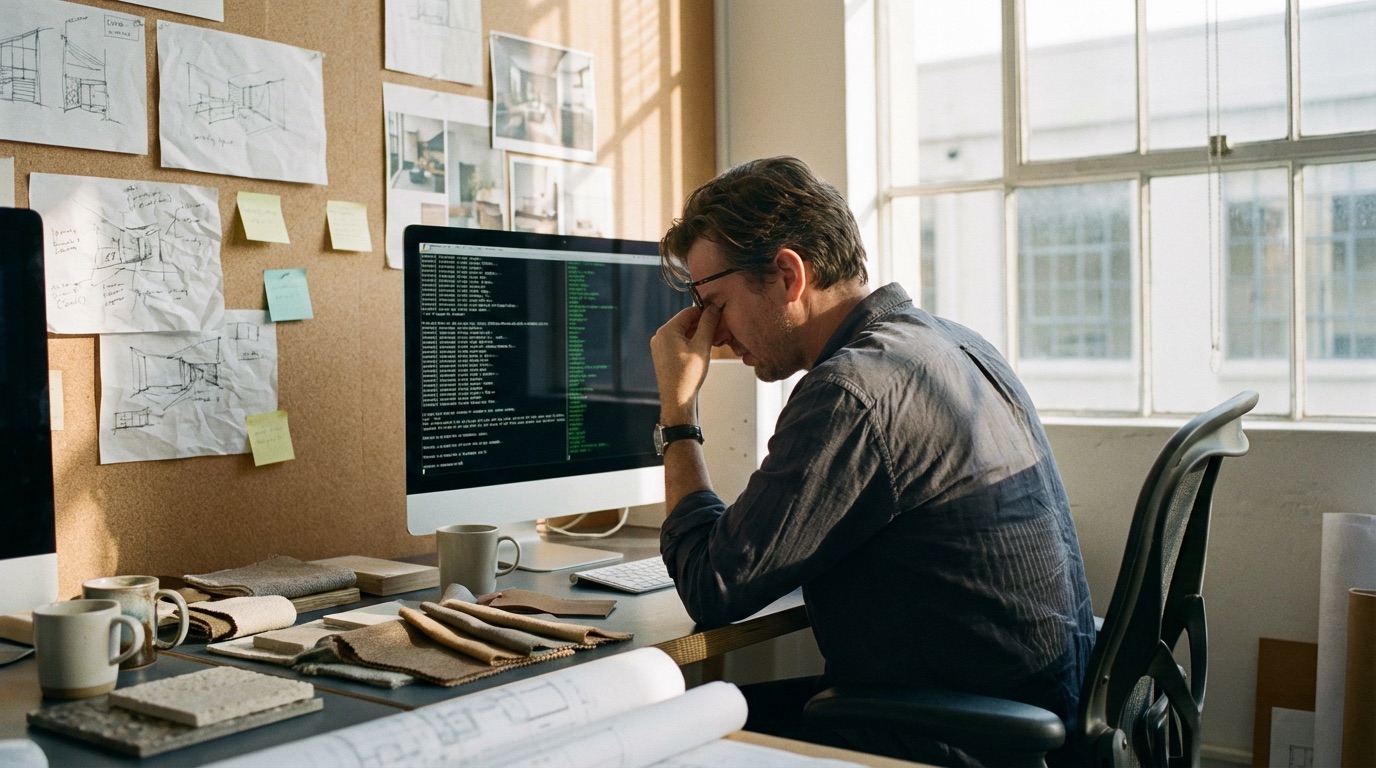 Designer struggling with complex AI prompts at a workstation