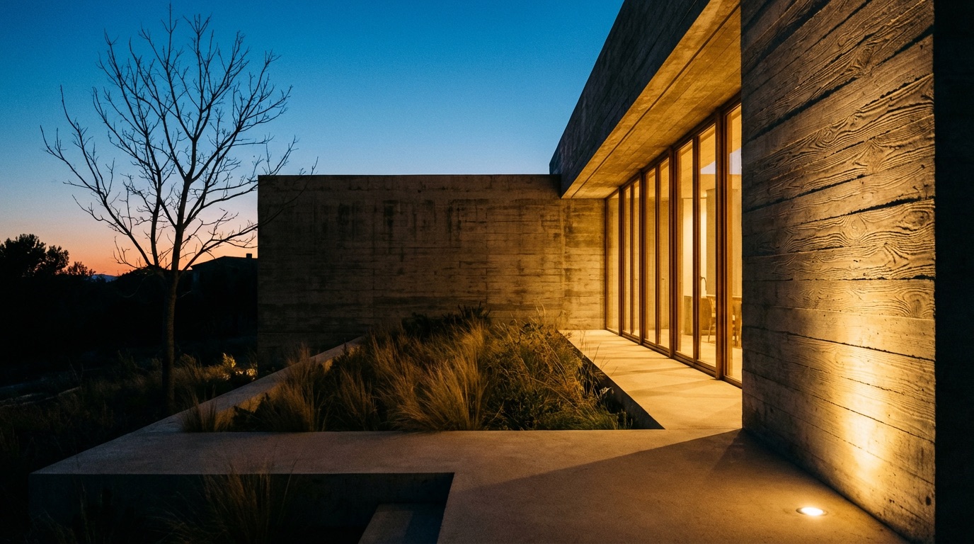 Brutalist villa exterior with warm interior glow at dusk