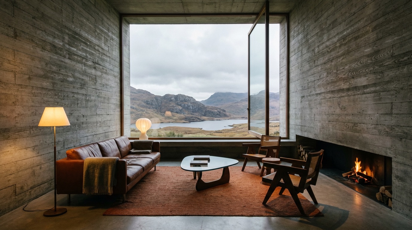 Interior view of brutalist space with warm textiles and soft lighting
