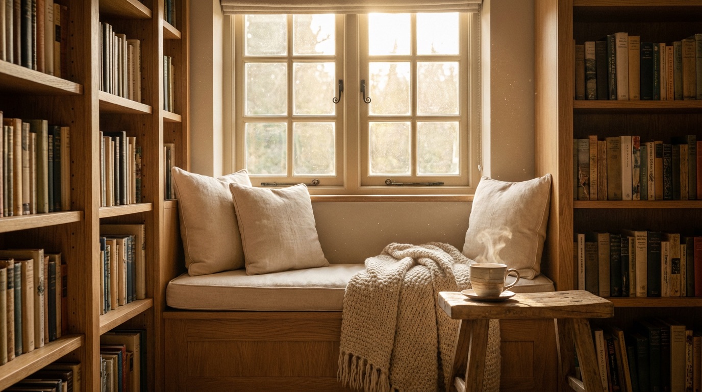 Cozy reading nook with warm afternoon sunlight
