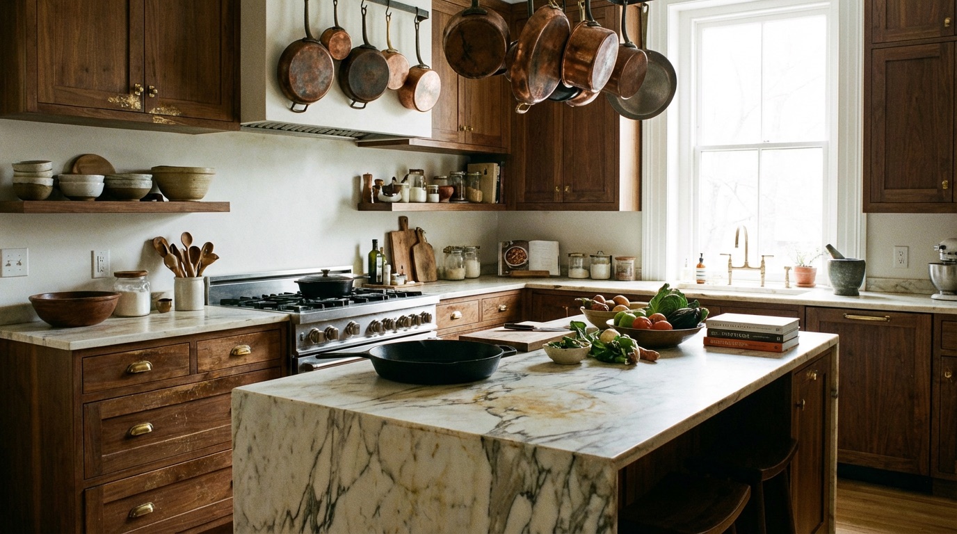 Professional chef's kitchen with aged materials