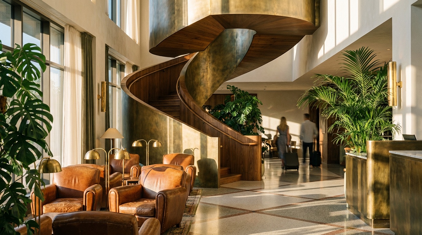 Elegant hotel lobby with contemplative atmosphere