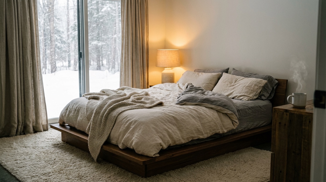 Cozy winter bedroom with thick textiles and warm lighting