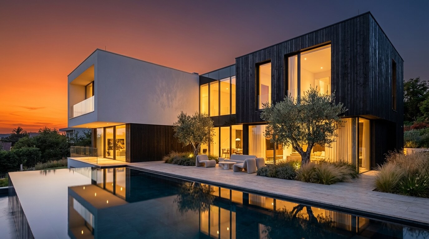 Modern architectural exterior with dramatic lighting