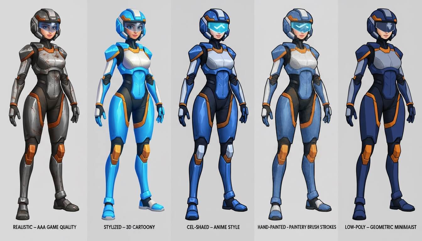 Same game character shown in multiple art styles