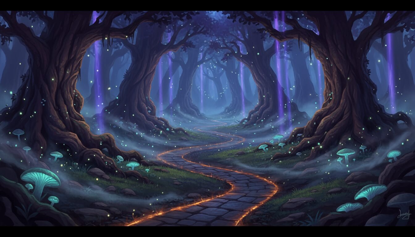 Fantasy game environment concept art showing mystical forest