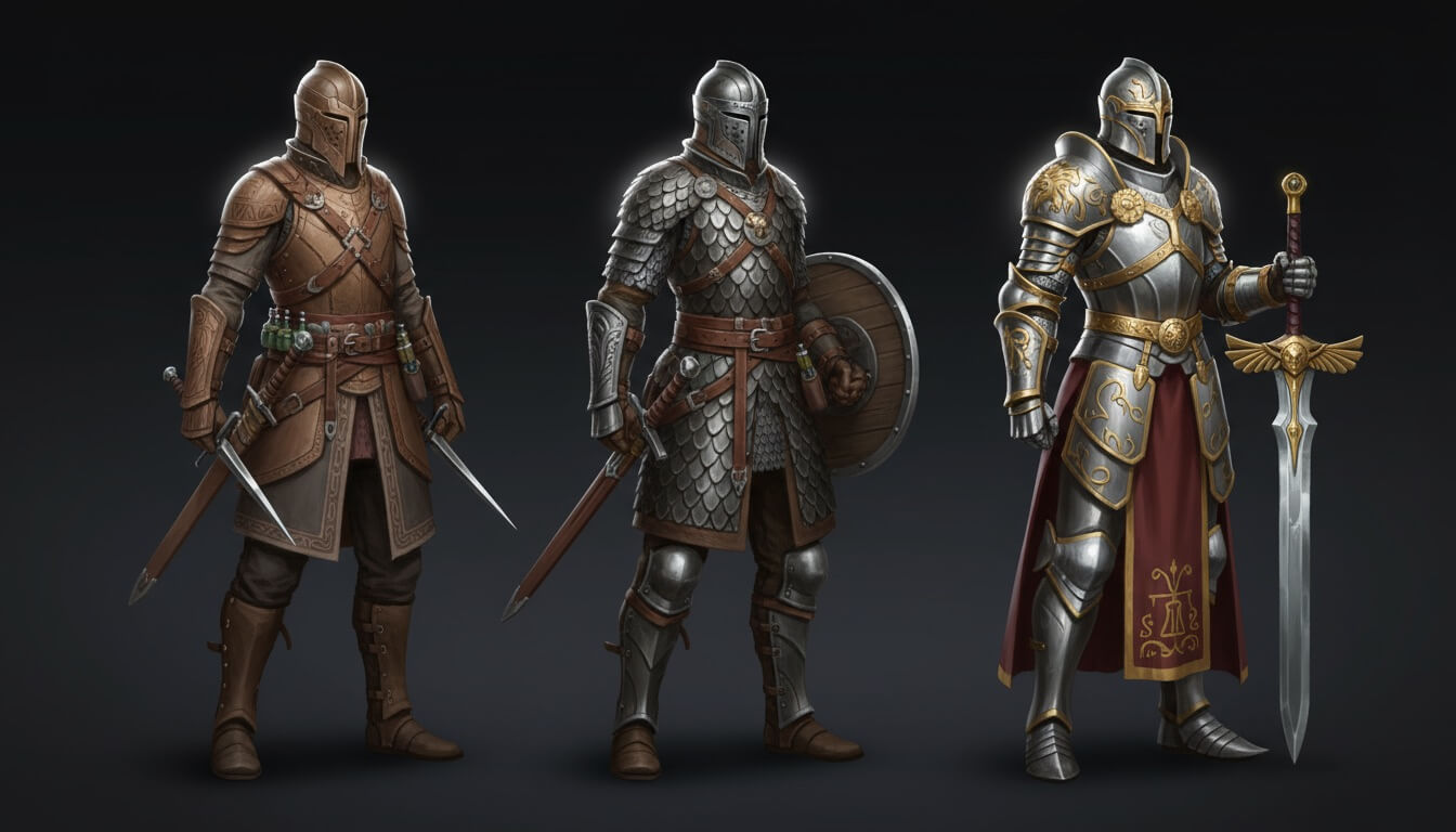 Character design concept showing armored warrior with multiple variations