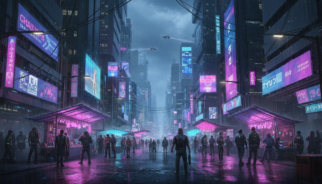 Cyberpunk game scene with neon lighting and futuristic architecture
