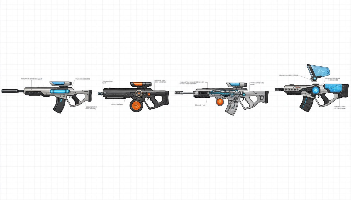 Sci-fi weapon concepts showing multiple design variations