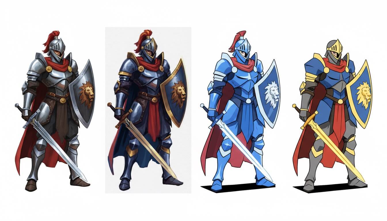 Multiple game character variations showing style exploration