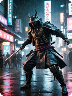 futuristic Samurai fighting in cyberpunk style tokio, heavy rain, night