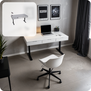 a modern white desk with two drawers, no handles, black legs, grey lamp, macbook, modern black gamer chair, cyberpunk poster on a wall
