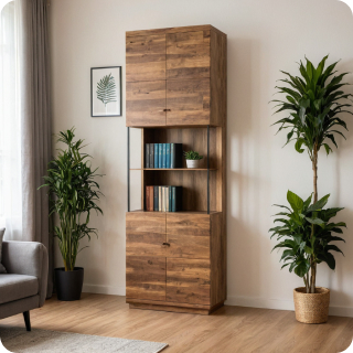 an image of a wooden cabinet with books on shelves, modern living room, sofa, plants, daylight