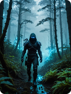 Ninja in Cybernetic Forest, navigating through a forest filled with bioluminescent plants, foggy, night