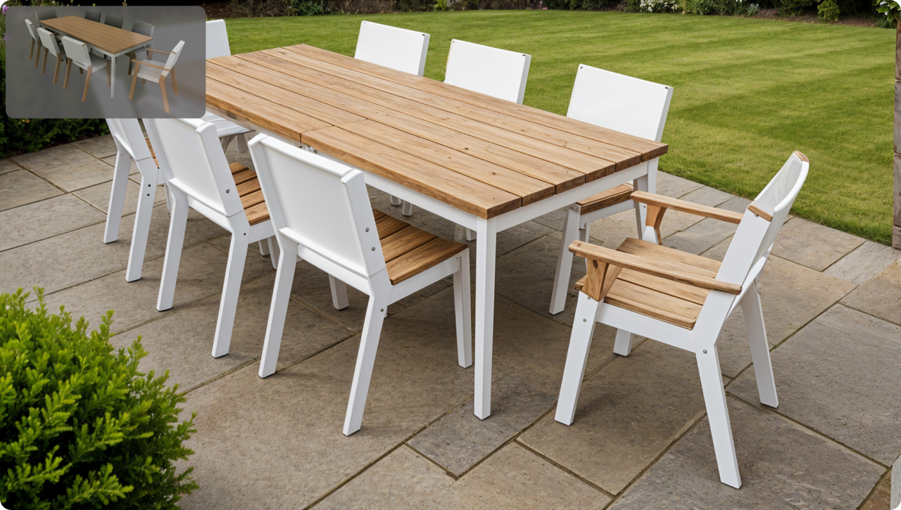 a garden table with wooden table top and white legs, garden wooden chairs